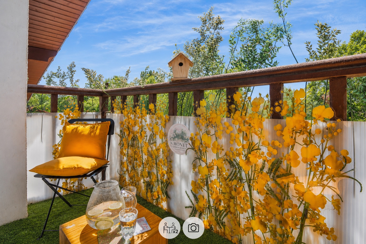 Un petit balcon lumineux et fleuri, ouvert sur la verdure.